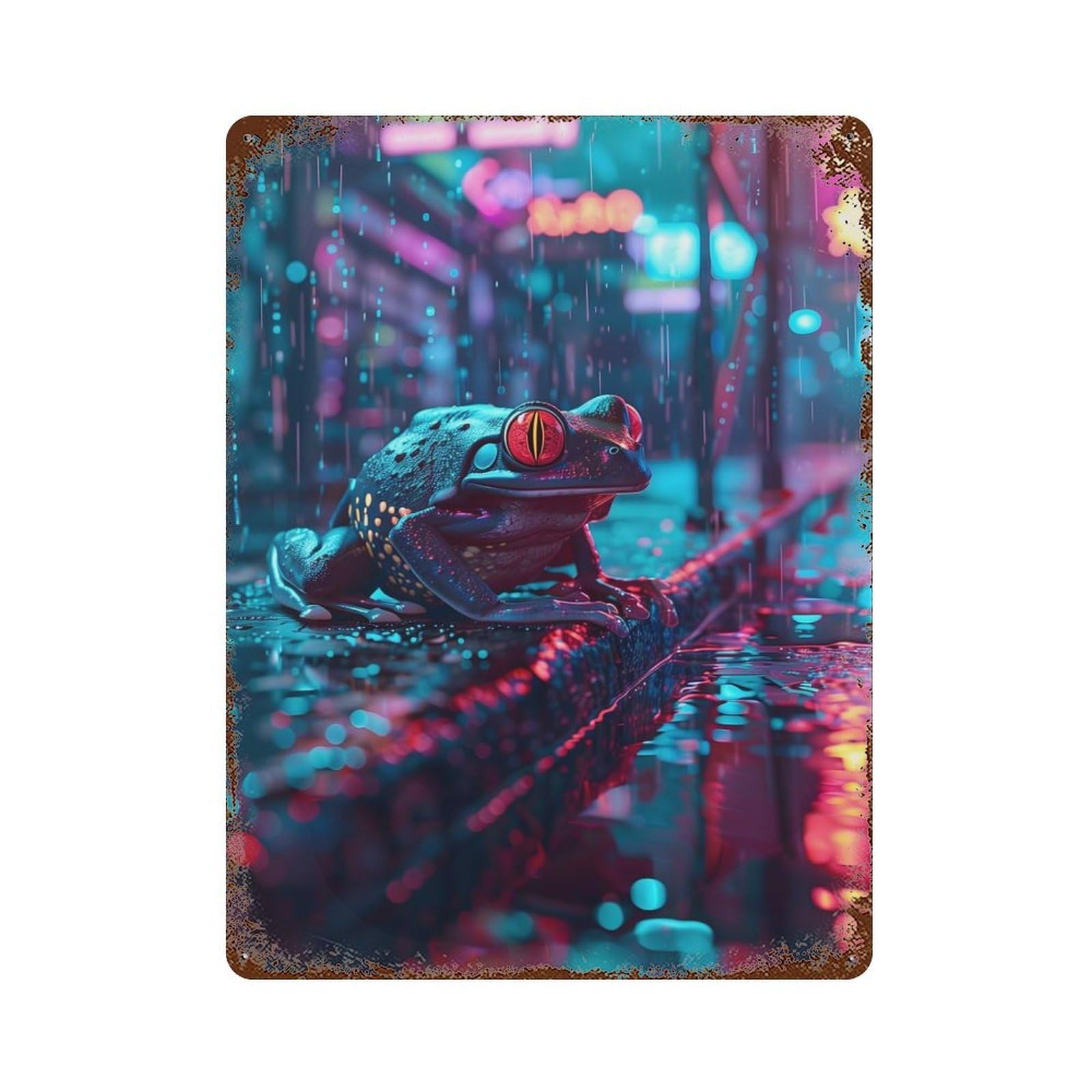 Rust Effect Frog in Rainy Cityscape Rusty Metal Tin Sign 15.7"x11.8", Old School Wall Decor for Cafe, Home Bar And Lounge Decor