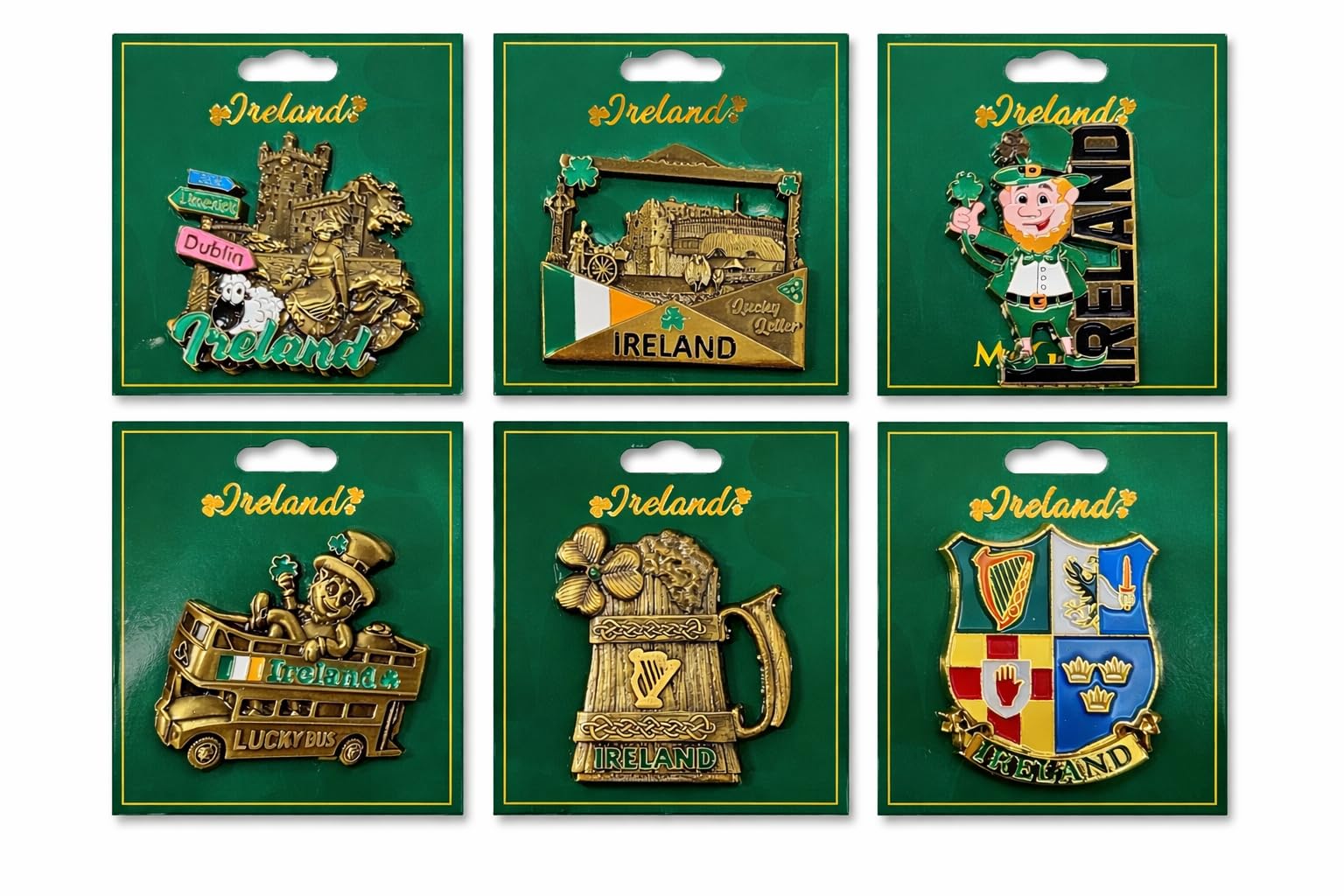 Set di 6 calamite da frigorifero in metallo smaltato, design irlandese, leprechaun Dublino Shield, boccale da birra, autobus fortunato, souvenir (magnete6)