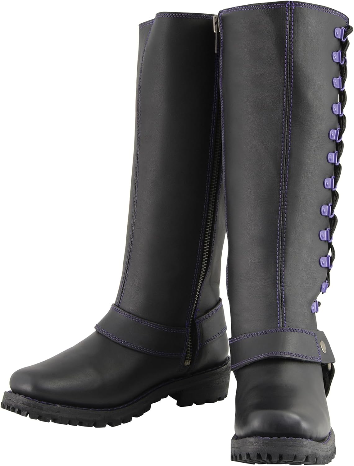 Milwaukee Leather Women's Black 14-inch Leather Harness Motorcycle Boots with Purple or Pink Accent Lacing MBL9366-MBL9367