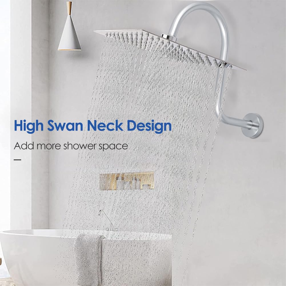 Tissting Braccio Doccia a Parete, Estensione Braccio Doccia Acciaio Inox a Forma di S con Collo di Cigno, Prolunga Soffione Doccia 6.5 Pollici, Materiale Acciaio Inox, per Casa, Bagno, Hotel