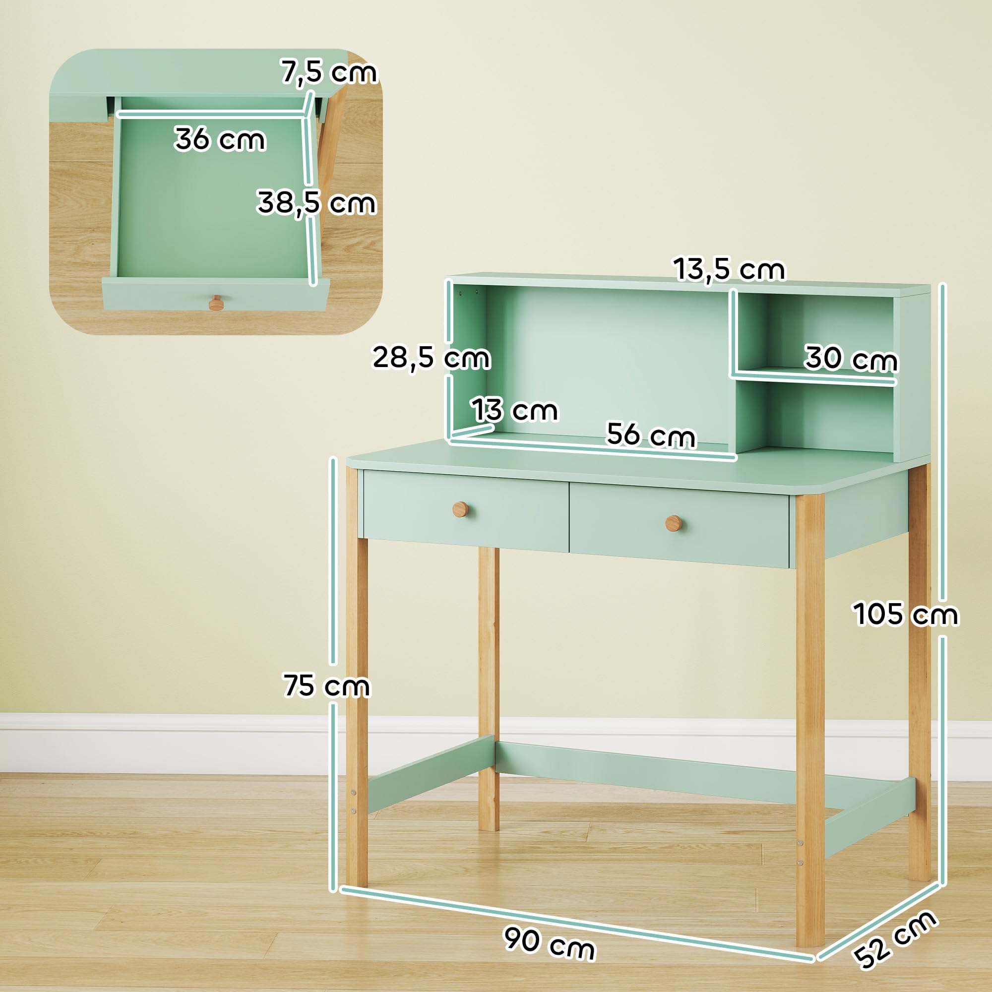 AIYAPLAY Bureau Enfant en Bois avec Grand Plateau 75H cm, 2 Tiroirs, 3 Compartiments Ouverts, Table Étude Dessin Lecture, 5-12 Ans, Vert