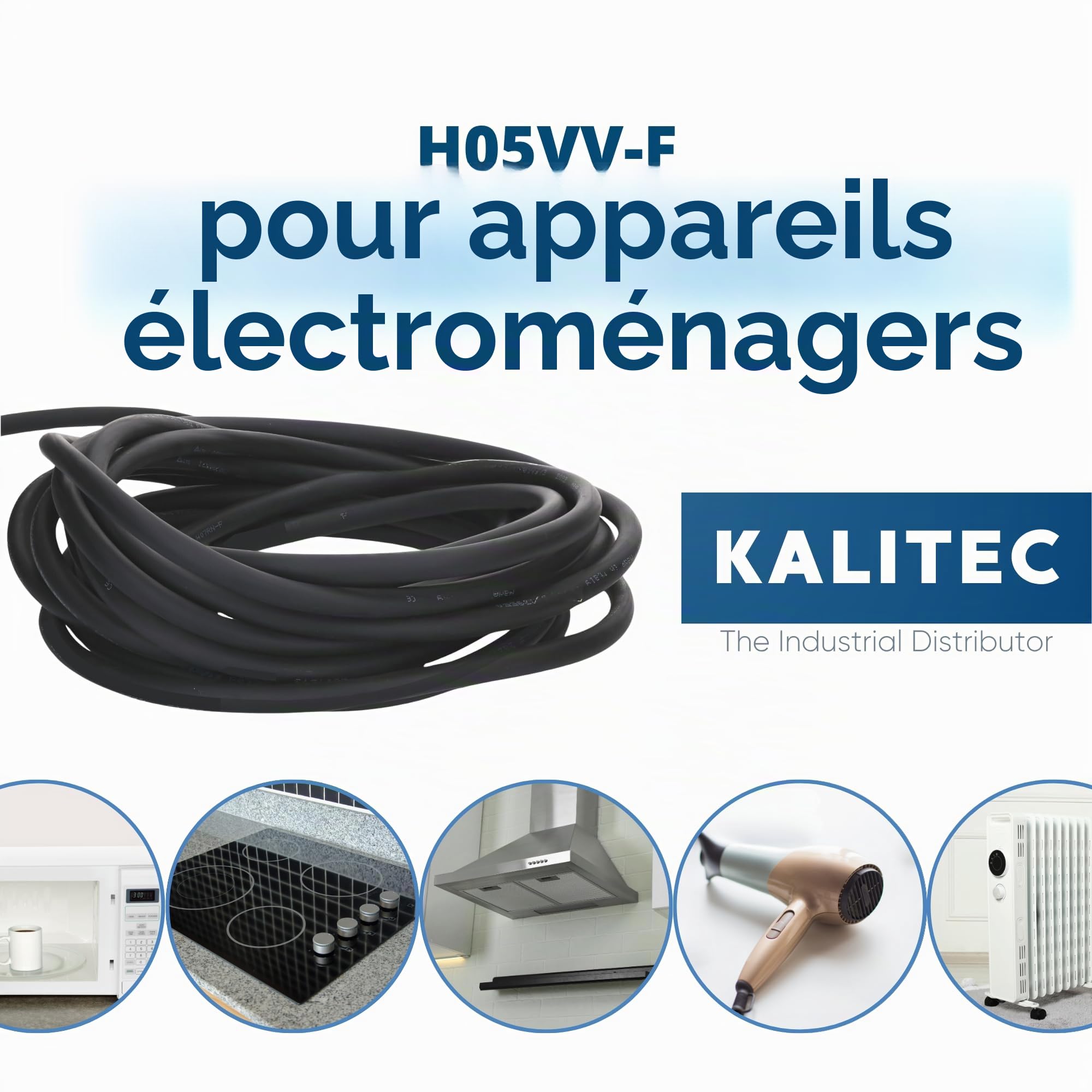 Kalitec H05VV-F - Câbl d'alimentation 4 x 1,5 mm² - 5 m - Câble en PVC pour l'intérieur - Câble électrique noir
