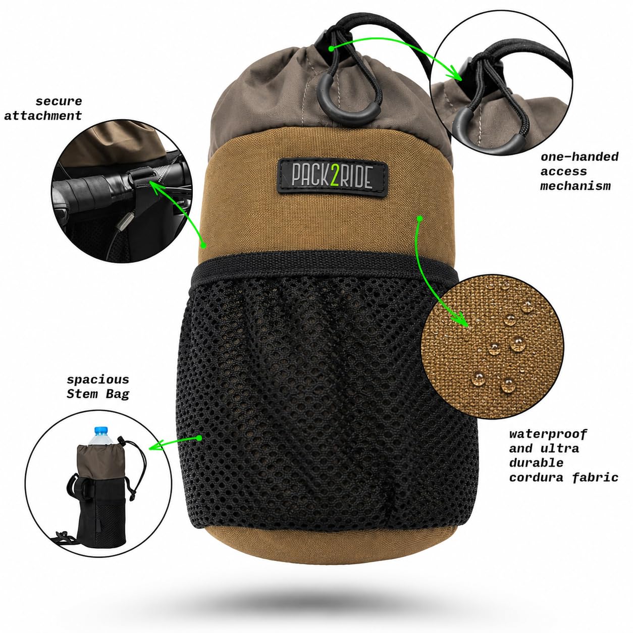 PACK2RIDE Bongo Torba na kierownicę rowerową, wodoodporna, trwała tkanina Cordura i duży uchwyt na butelkę z wodą, przedni schowek na rower, torba na macierzystych, do jazdy na rowerze (brązowy