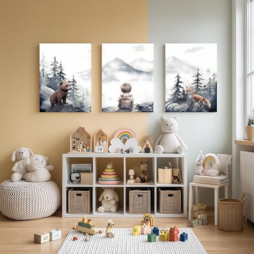 Miniatura 4 de Cyebmo Juego de 3 obras de arte enmarcadas para pared de guardería de niños, decoración de pared de aventura de niño caprichoso, bosque de montaña,