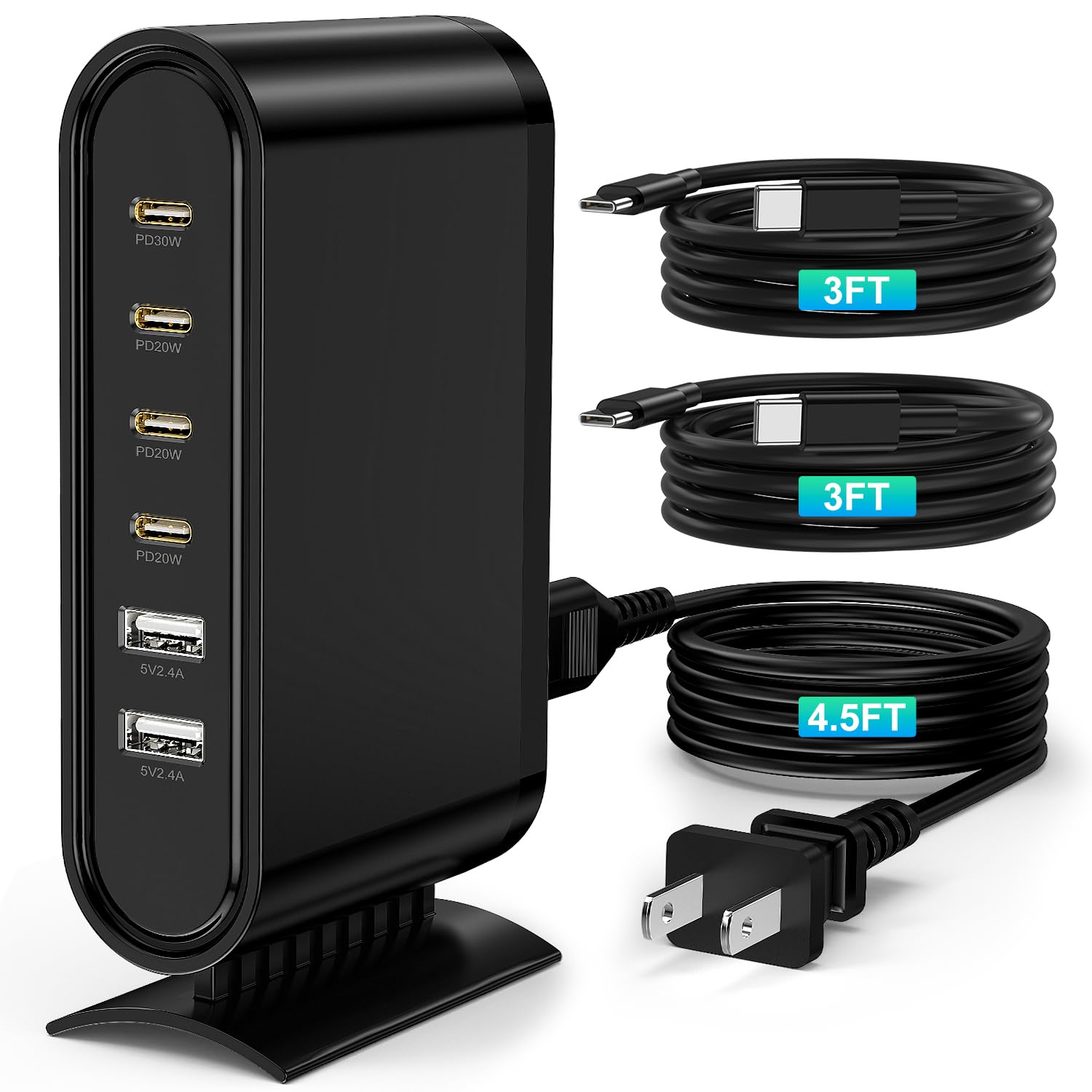 Essri 114W 6Port GaN USB C Hub Charging Station Block with 4 PD 3.0 & 2 USB A Ports - High-Speed Fast Charging Cube Box Power Adapter Plug for iPhone Pro Max,Samsung Android,More,with 2 x 3Ft C Cable