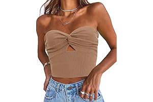 Womens Twist Front Crop Top: Cut Out Bandeau with Ribbed Knit