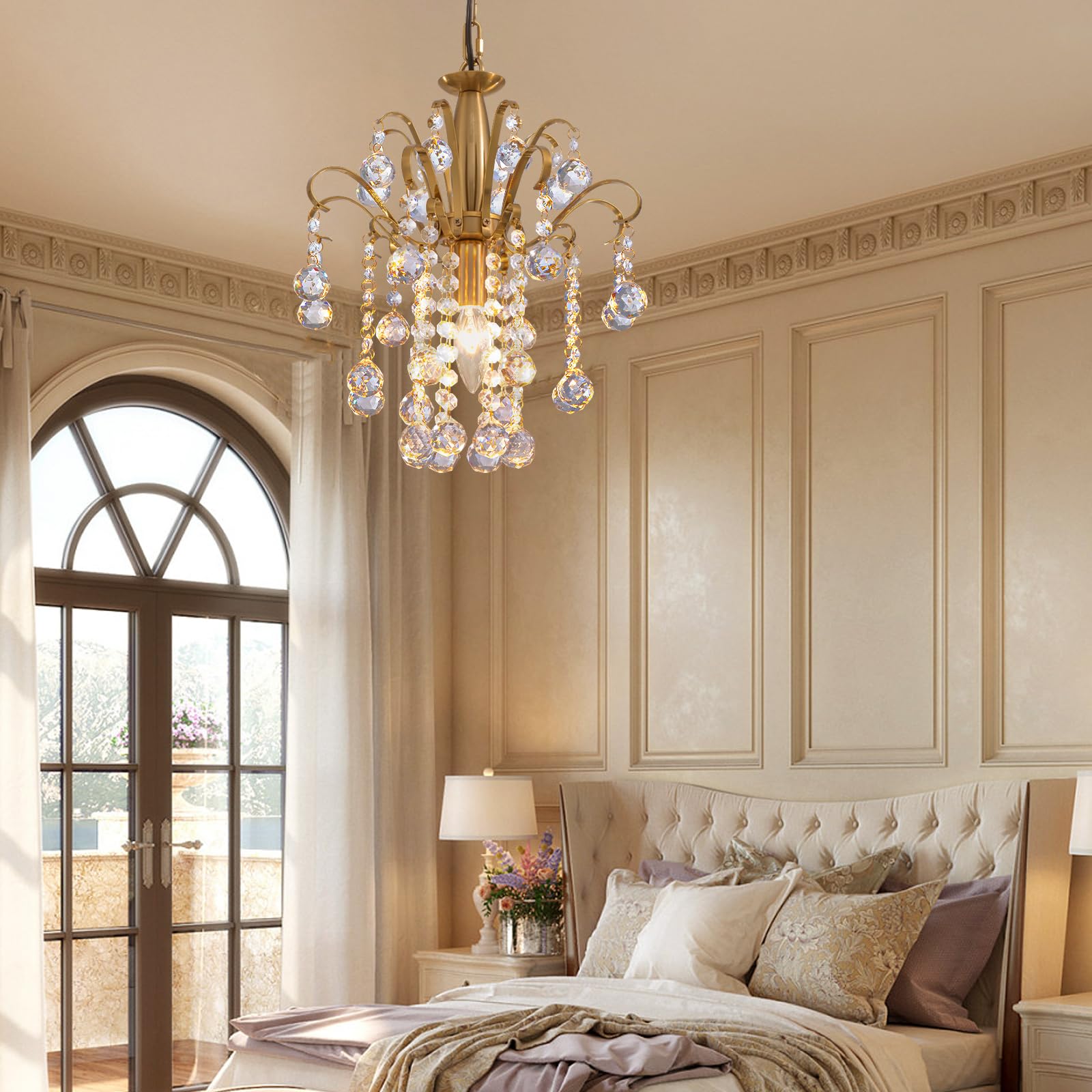 7PM Small Chandelier Light Fixture Mini Gold Crystal Chandeliers E12 Base for Hallway Closet Entryway Foyer Bathroom Chandeliers Over Tub Dining Room Kitchen Island H 11.8" X W 13.38"