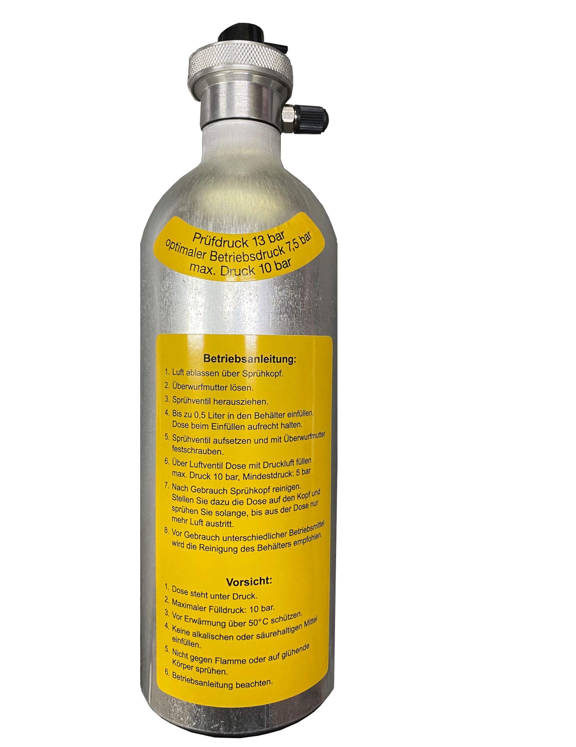 Wiederbefüllbare Druckluft Spraydose / Sprühdose 500 ml mit Sprühkopfgarnitur, Silber,Schwarz,Gelb
