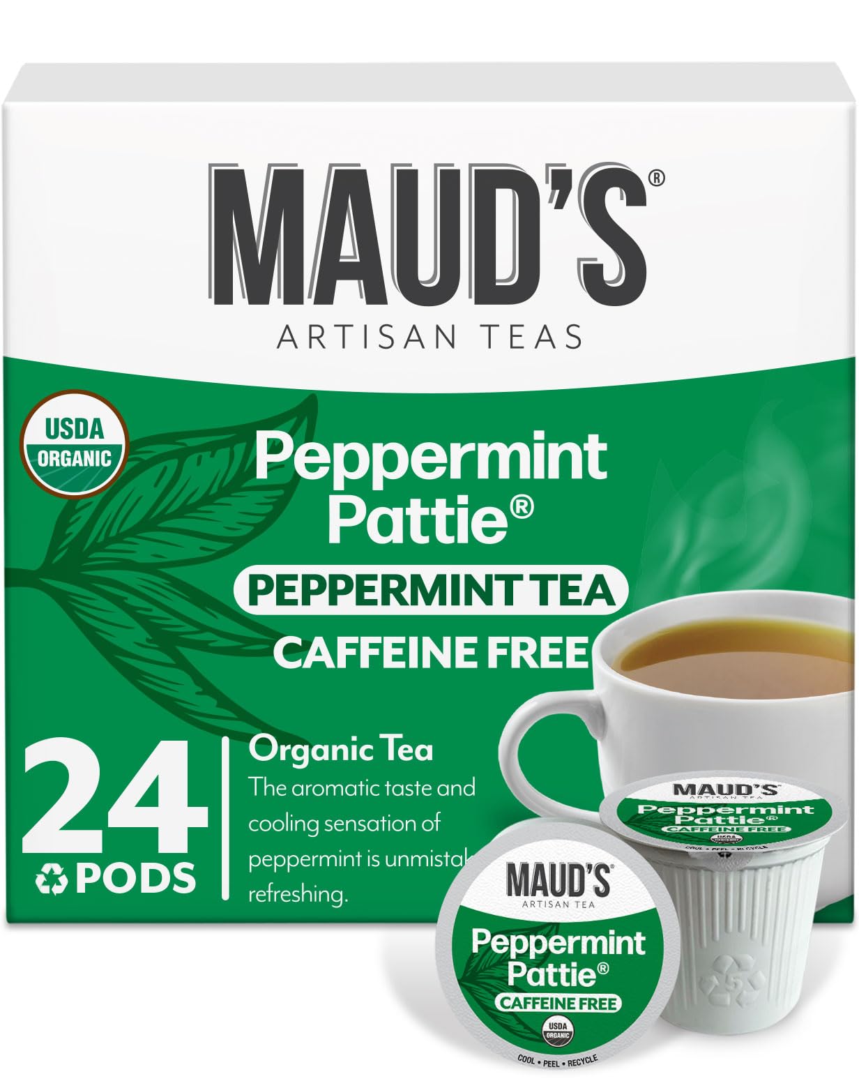 Maud's Organic Peppermint Tea Pods, 24 ct, Recyclable Single Serve Pods – 100% Gourmet Blended Tea Leaves, Compatible with Keurig K Cups Maker
