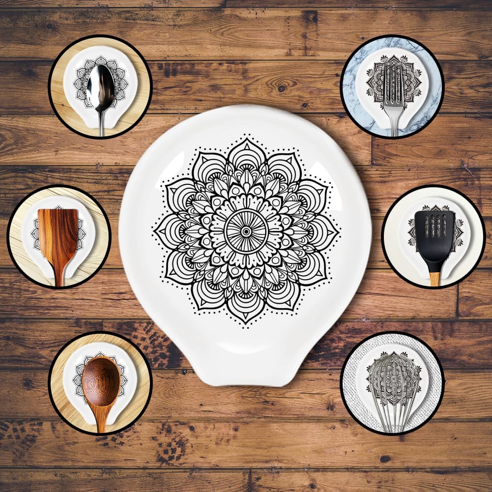 ANATTASOUL コーヒーセラミックスプーンレスト 曼荼羅柄パターン 8.52cmx3.54cm かわいいスプーンホルダー 耐熱