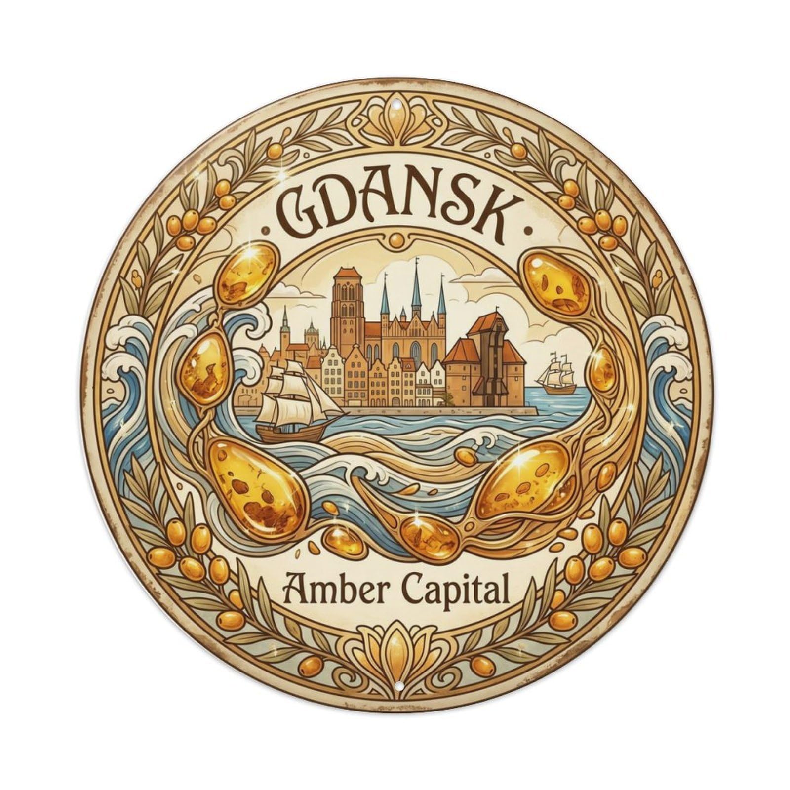 Gtthok Vintage Style-7 Vintage Travel Gdansk Poland Amber Metal Tin Sign Plaque Wall Decor For Cafe, Club, Garden Round Metal Poster 8X8inch