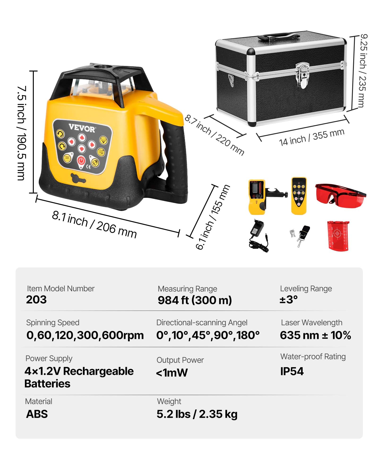 VEVOR Kit Livella Laser Rotante Raggio Rosso Portata 300 m, Inclinazione Regolabile, Rotazione 360 Gradi, Kit Scatola da Trasporto, Impermeabile IP54, Ricevitore Telecomando