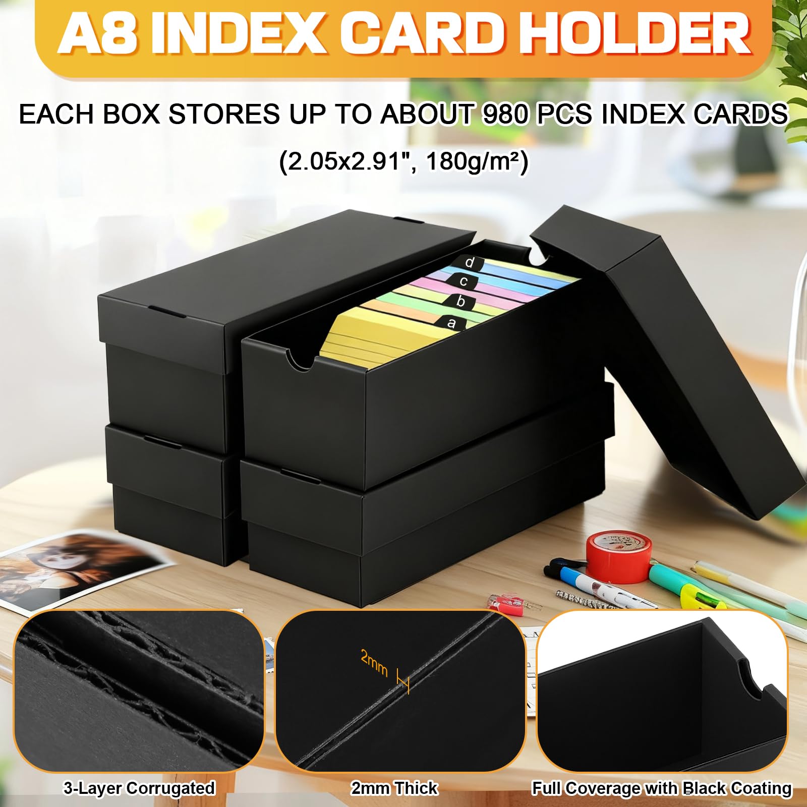 4 Pz Scatola per flashcards A8, per 52×74mm flash cards, Capacità 980 Schede, Indice Card Box Nera per Apprendimento Note, Ricette, Organizzazione e Revisione a Casa Scuola Ufficio