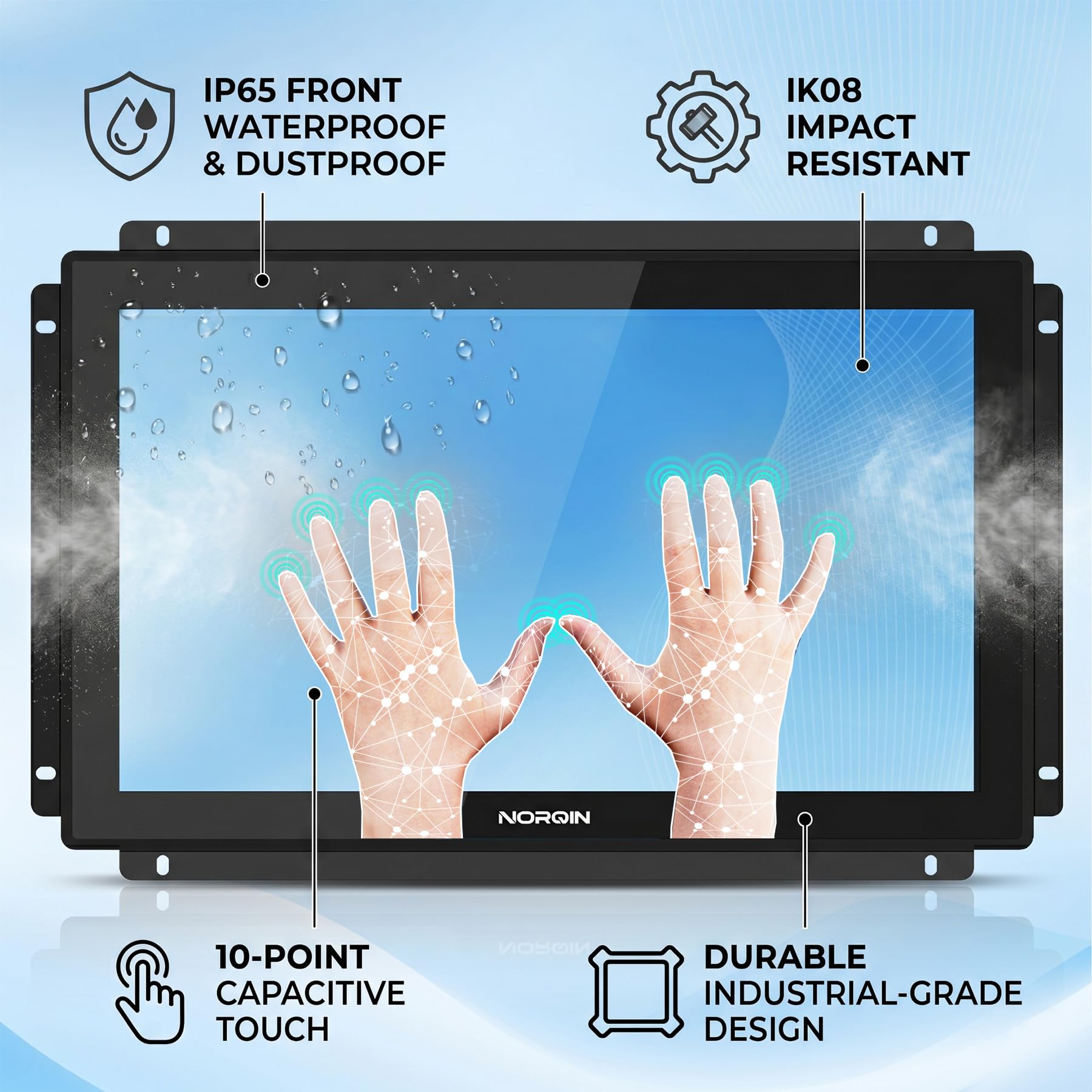 18,5" Monitor Touch Screen Industriale Incorporato IP65-1920×1080,Cornice Aperta,Touch Capacitivo a 10 Puntate,Display LCD,VESA,Porte HDMI/VGA/DVI/USB,per Automazione,Chiosco,CNC e HMI