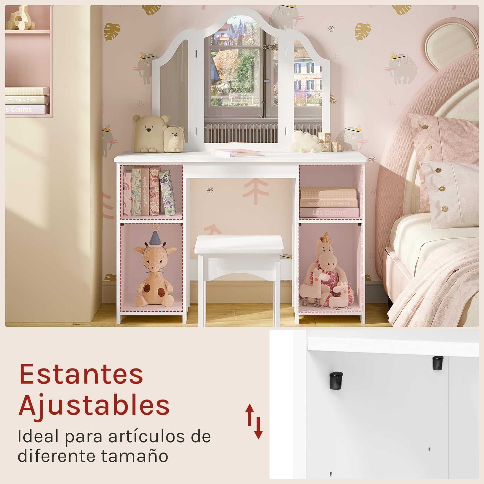 WOLTU Mesa Tocador Infantil con Taburete y Espejo Plegable, Conjunto de Tocador Maquillaje de 3 Piezas, con 4 Compartimentos, Estante Ajustable, Blanco, MDF, MB6120ws