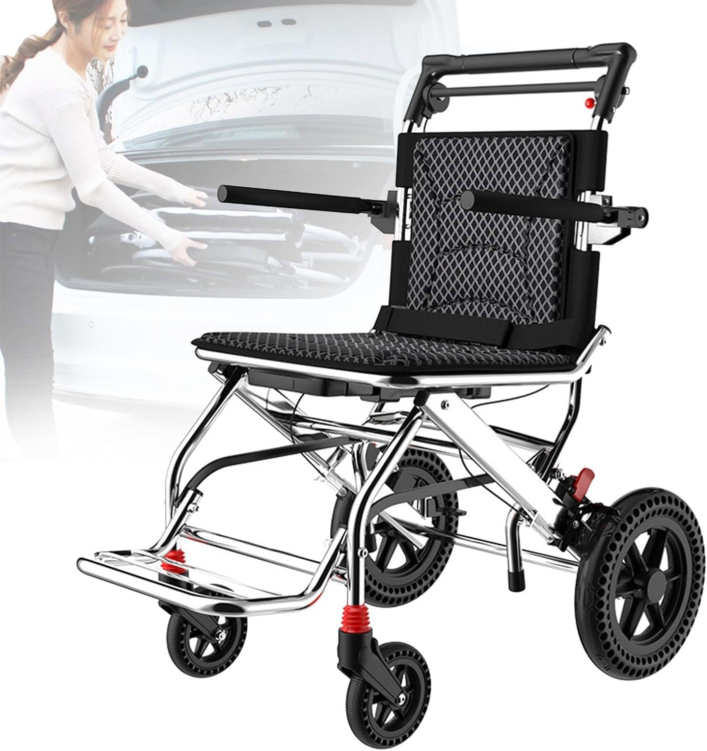 Sedia a rotelle pieghevole in alluminio leggero, sedie a rotelle con braccioli reversibili a 270°, sedie a rotelle autospinte, pesa solo 10 kg dopo la piegatura, può essere facilmente riposta nel ba