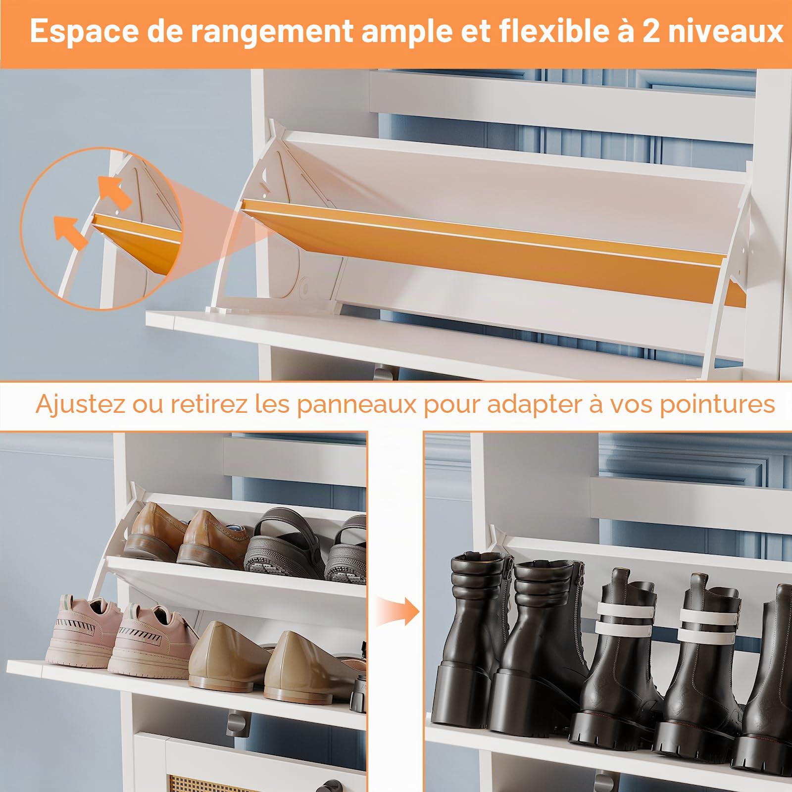 Meuble à Chaussures en Rotin avec 4 Portes Bohème Armoire à Chaussures, étagère réglable, 16 e 24 Paires, pour Couloir, Salon, Convient 102 x 23 x 84 cm