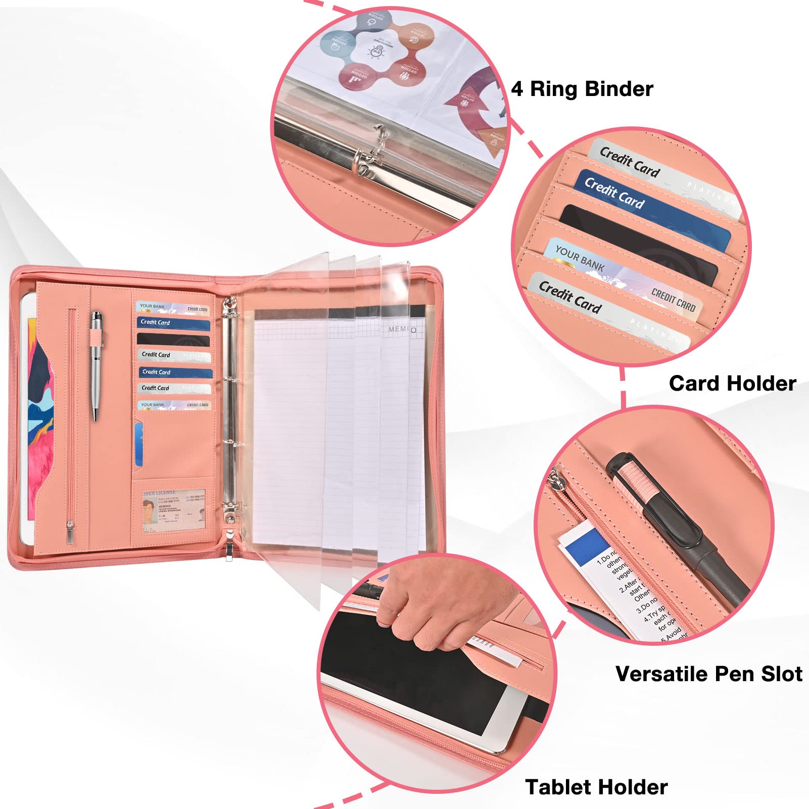 Porte-documents organiseur d'affaires et carnet de notes à anneaux amovibles, classeurs à fermeture éclair pour homme et femme (rose)