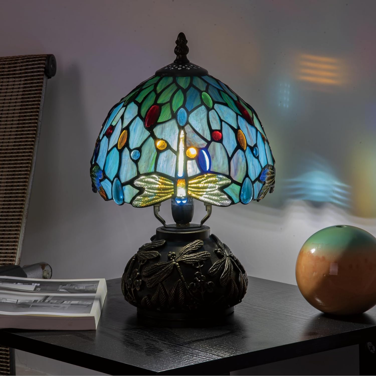 Tiffany Style Stained Glass Mushroom Bedside Table Lamp 8-inch Green Blue Dragonfly Beautiful Shade Nightstand Light for Bedroom Dorm Living Hallway Coffee Table Home Office Housewarming Gift