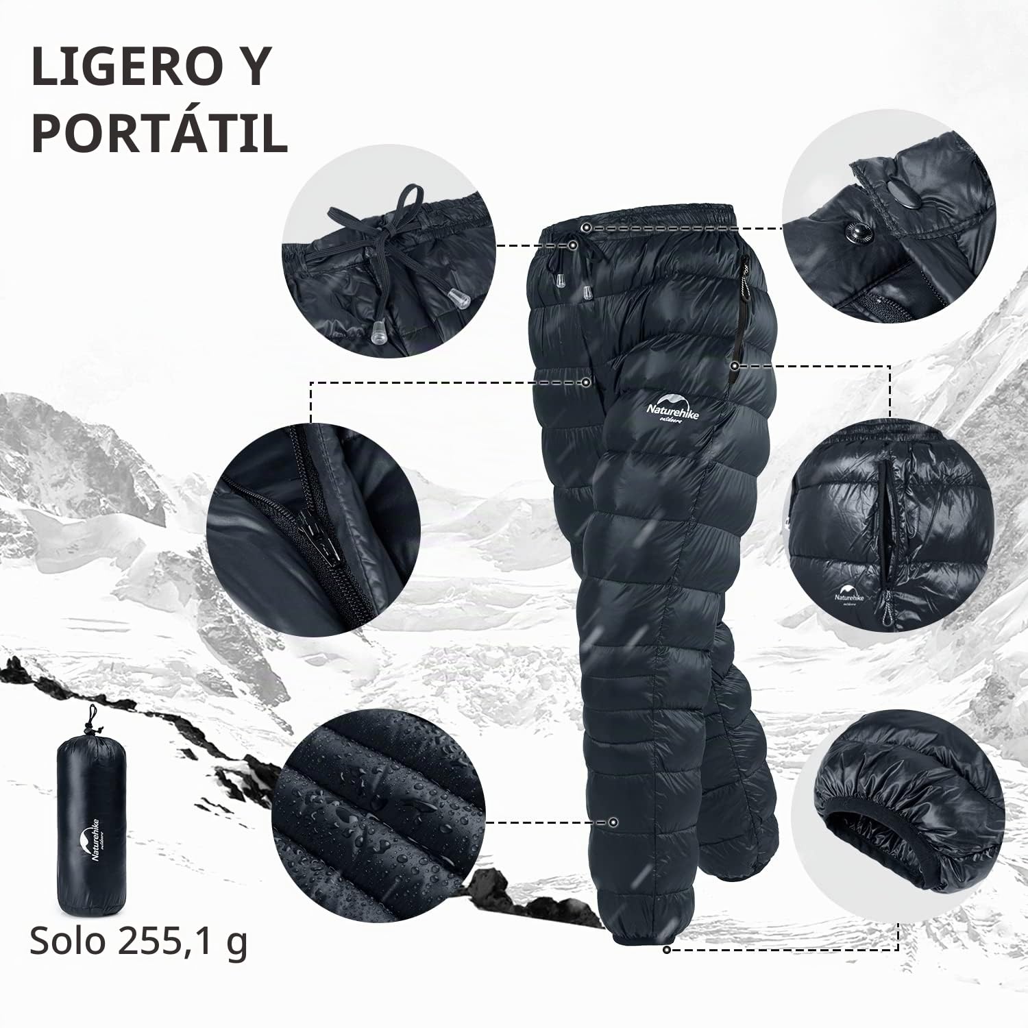 Naturehike Pantalones de Plumón de Invierno Ultraligero Cálido Bolsillo Lateral Pantalones de Terciopelo Hombres Mujeres Impermeable Pantalones de Nieve al Aire Libre Acampar
