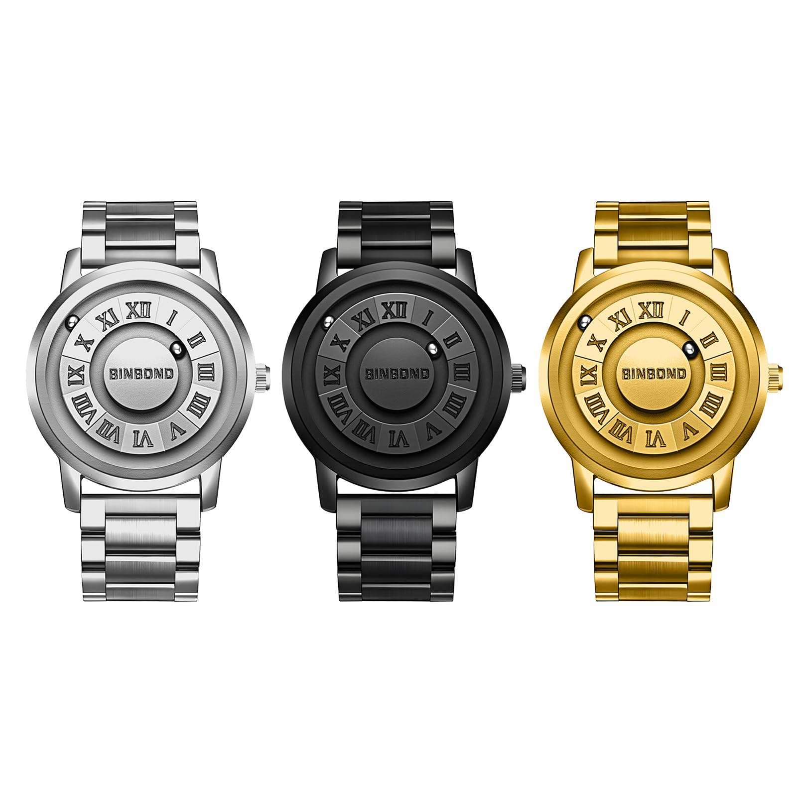 JewelryWe Herrenuhr Edelstahl Magnet Uhr Kein Glas Kugellager Analog Quarz 30m Wasserdicht Armbanduhr Herren Edelstahlarmband Spiegellose Magnetschwebe-Kugeluhr mit Römische Ziffern