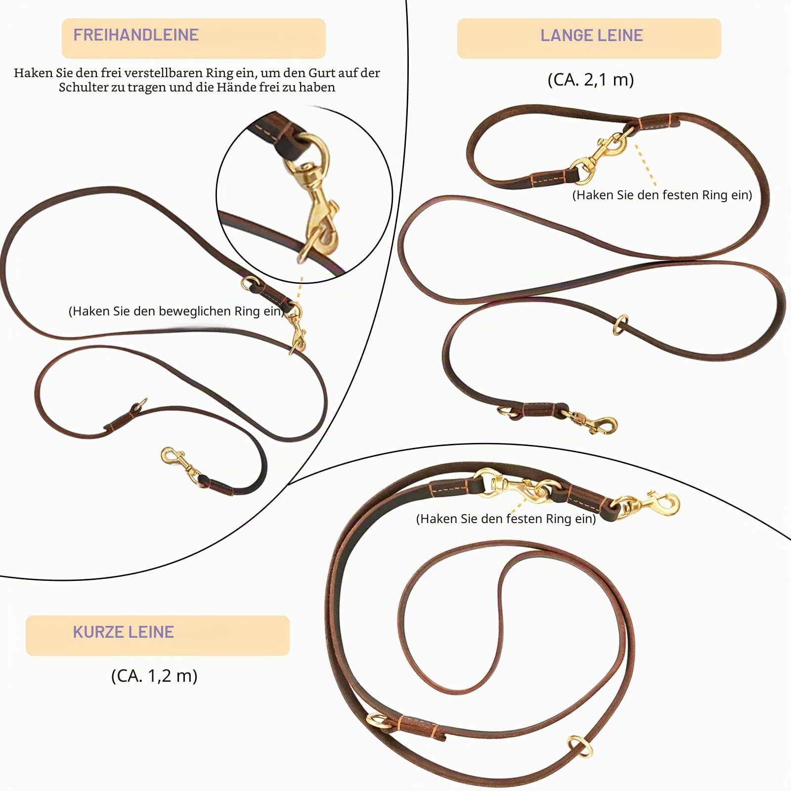 Hundeleine aus Leder, 2,4 m, strapazierfähig, echtes Leder, multifunktional, Starke Lederleine für kleine, mittelgroße und große Hunderassen, Hund Zubehör