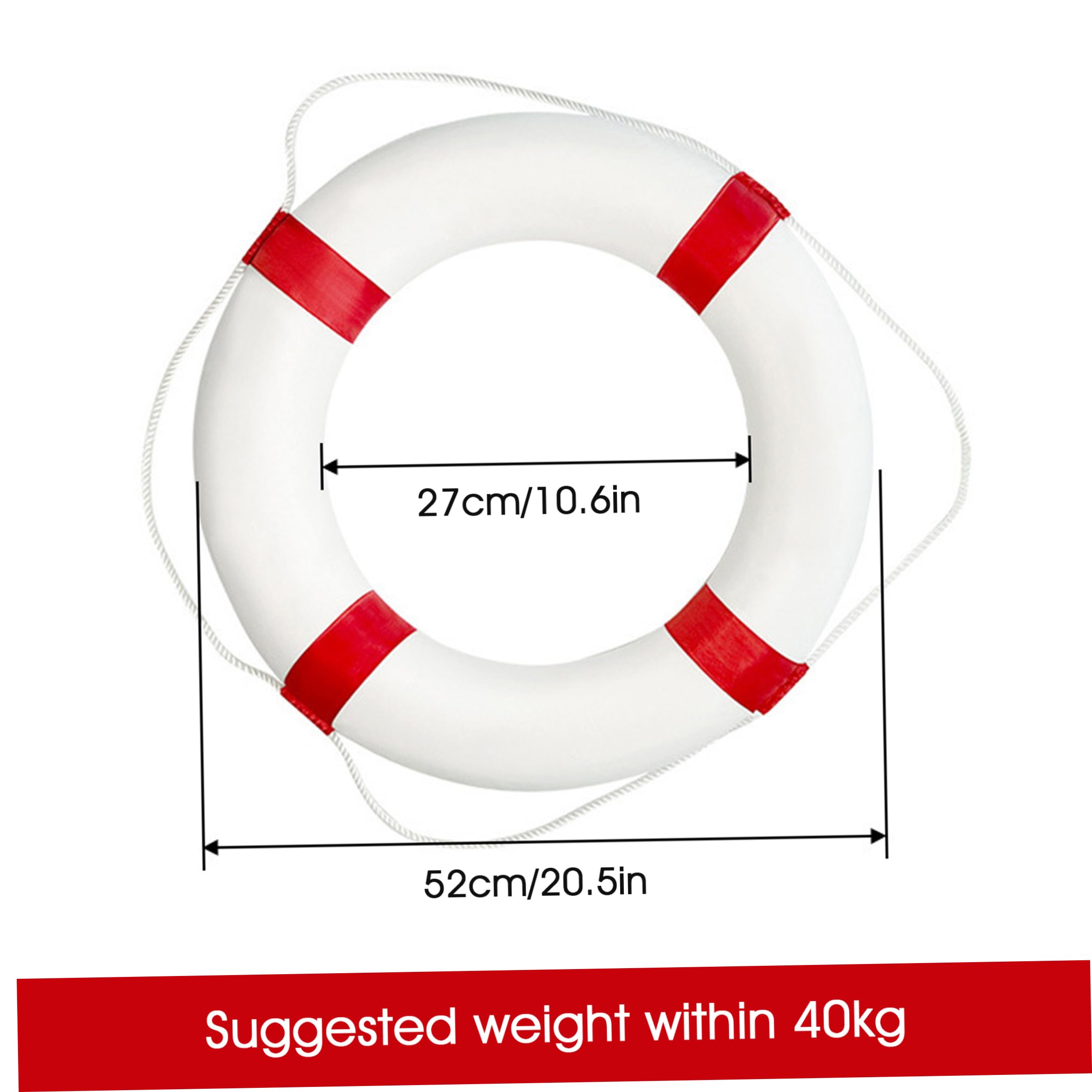 Anello salvagente da 20 pollici rosso-bianco con corda | Design senza gonfiaggio, adatto per l'uso in piscina, ottimo per la decorazione della parete