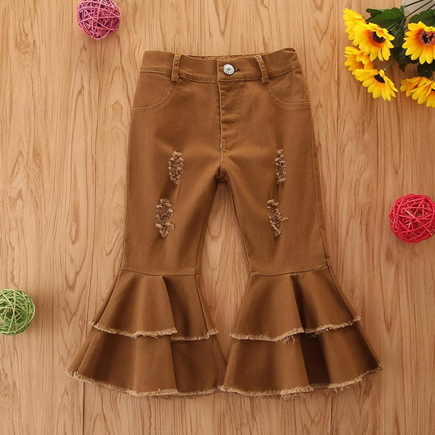 Toddler Baby Girl Flared Denim Pants Ruffled Wide Legs Ripped Jeans Kids High Waist Bell Bottom Little Girl Fall Outfits