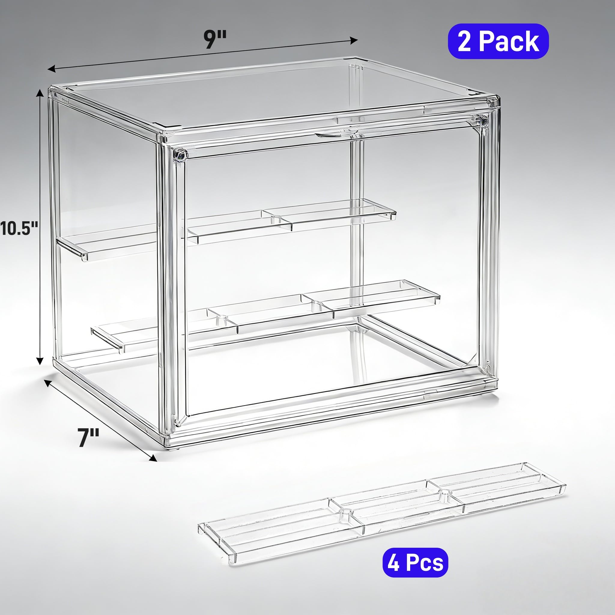 Paquete de 2 vitrinas acrílicas transparentes, caja de exhibición ajustable de 3 niveles, escaparate coleccionable con puerta magnética, estante de almacenamiento de figuras, organizador
