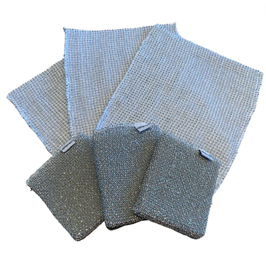 SPh2ONGE Silver Lady 3 Scourer Sponges & 3 Cleaning Cloths - 6pc Miracle Cleaner Value Pack. Easily Cleans Ovens, Microwaves, Non-Stick, All Surfaces Without Scratching. Rust Proof & Long Lasting