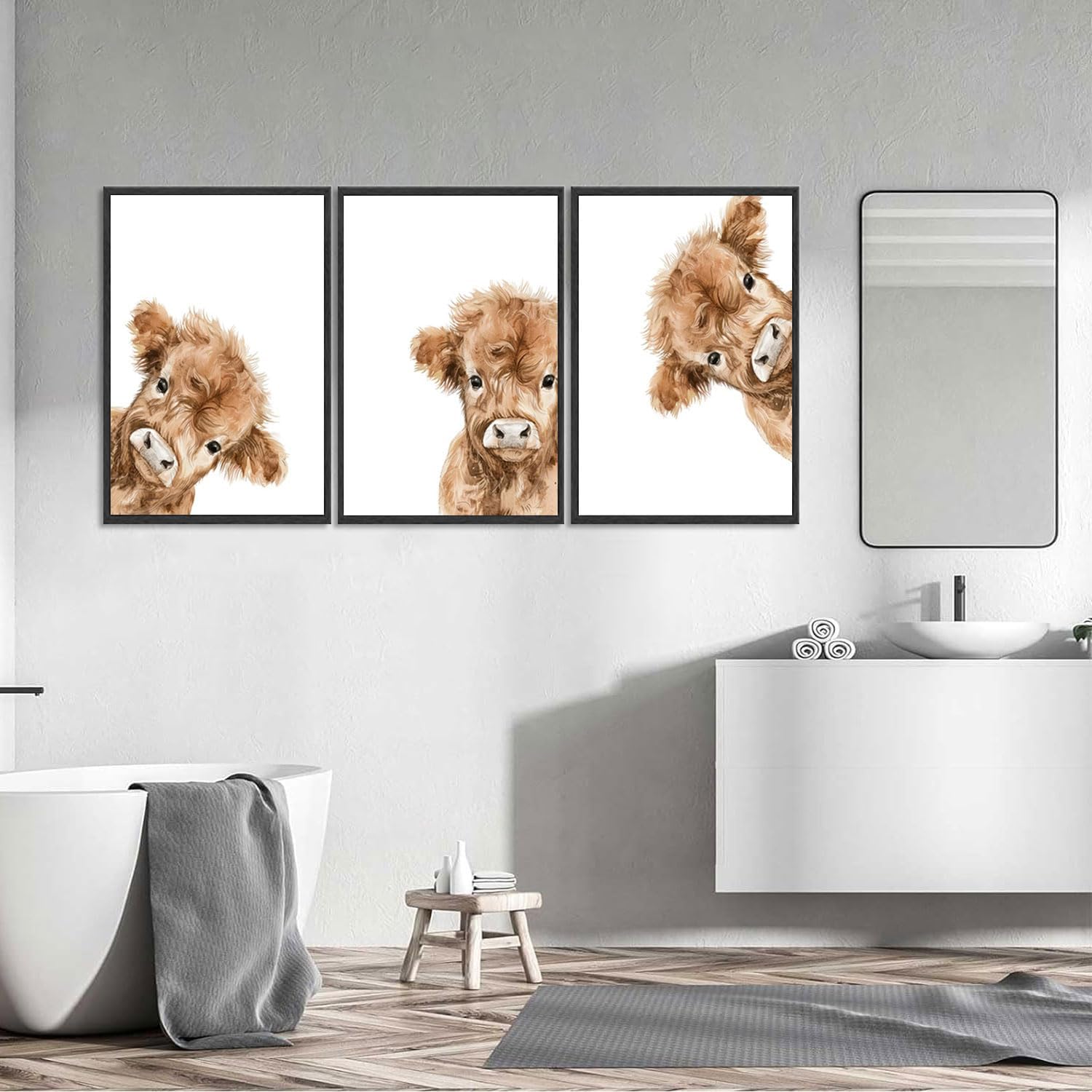 3Pcs Highland Cow Baby Canvas Wall Art Brown Peeping Highland Cattle Wall Decor Pictures Cute and Funny Animals Posters Prints for Nursery Children's Room Bathroom Artwork Home Decoration Unframed