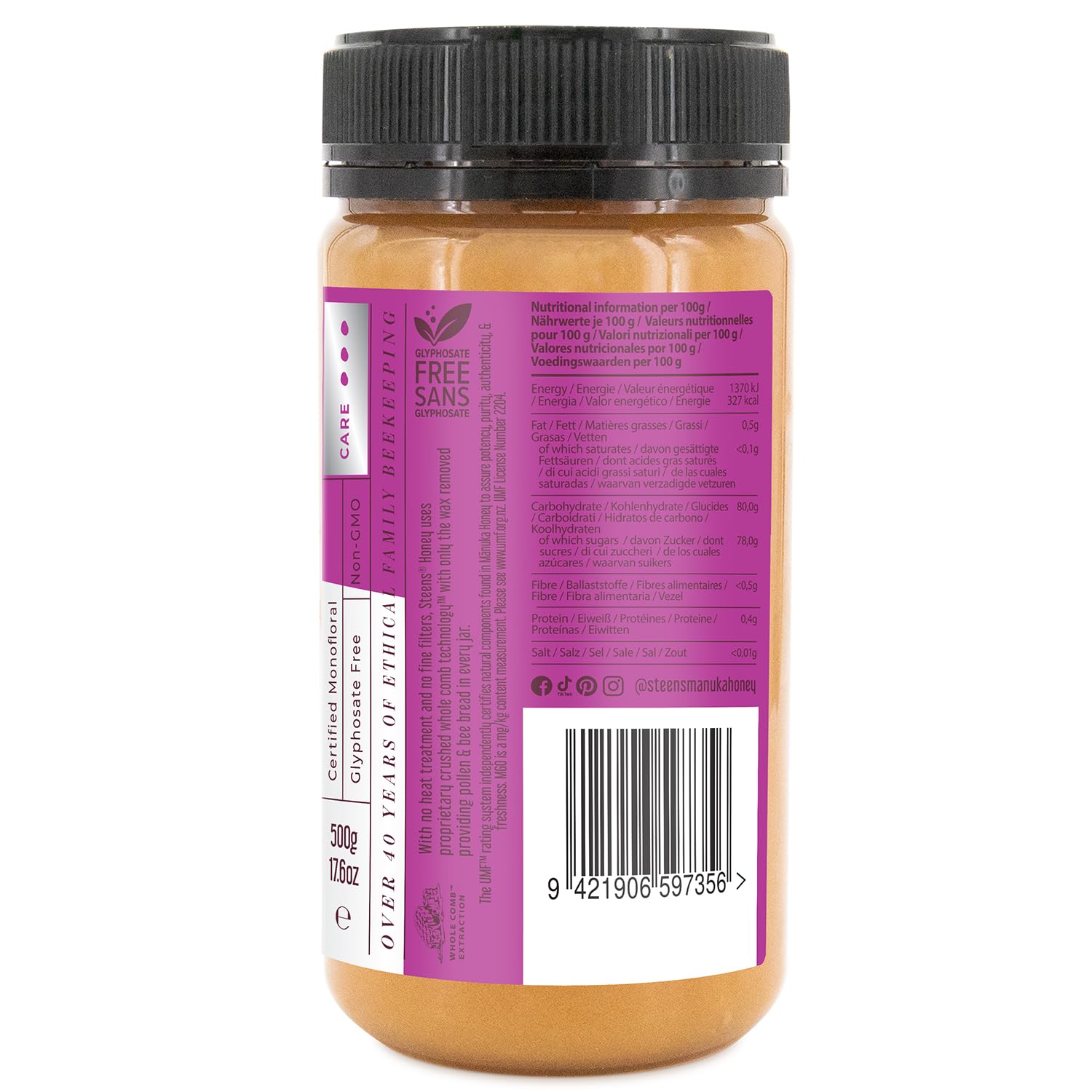 Steens Miele di Manuka - MGO 830+ - Puro Miele Manuka grezzo 100% certificato UMF 20+ - Invasettato e sigillato in Nuova Zelanda - Manuka Honey - 500 g