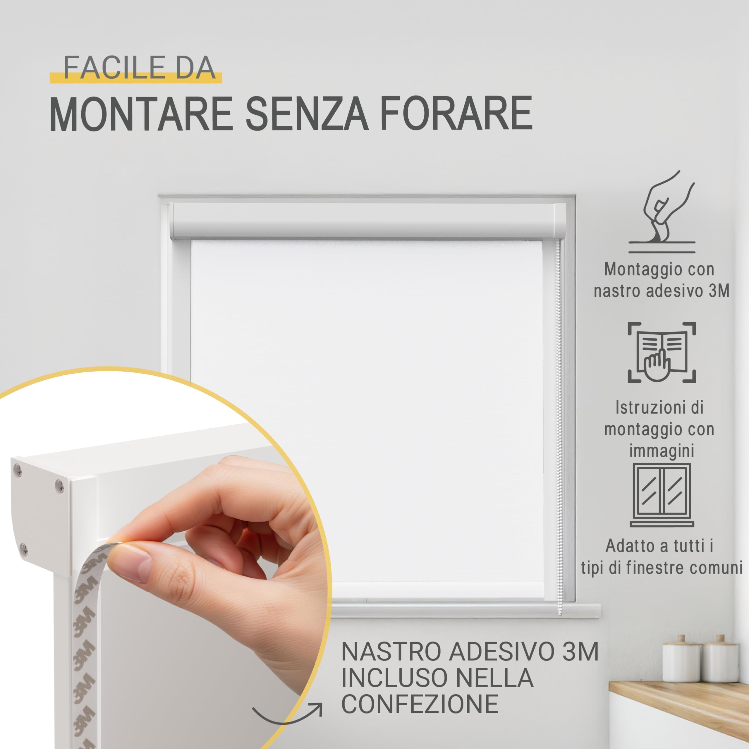 Tenda A Rullo Oscurante SolReflect K24 Con Guide Laterali, 60x175 Cm, Bianca, Installazione Senza Fori Con Adesivo 3M