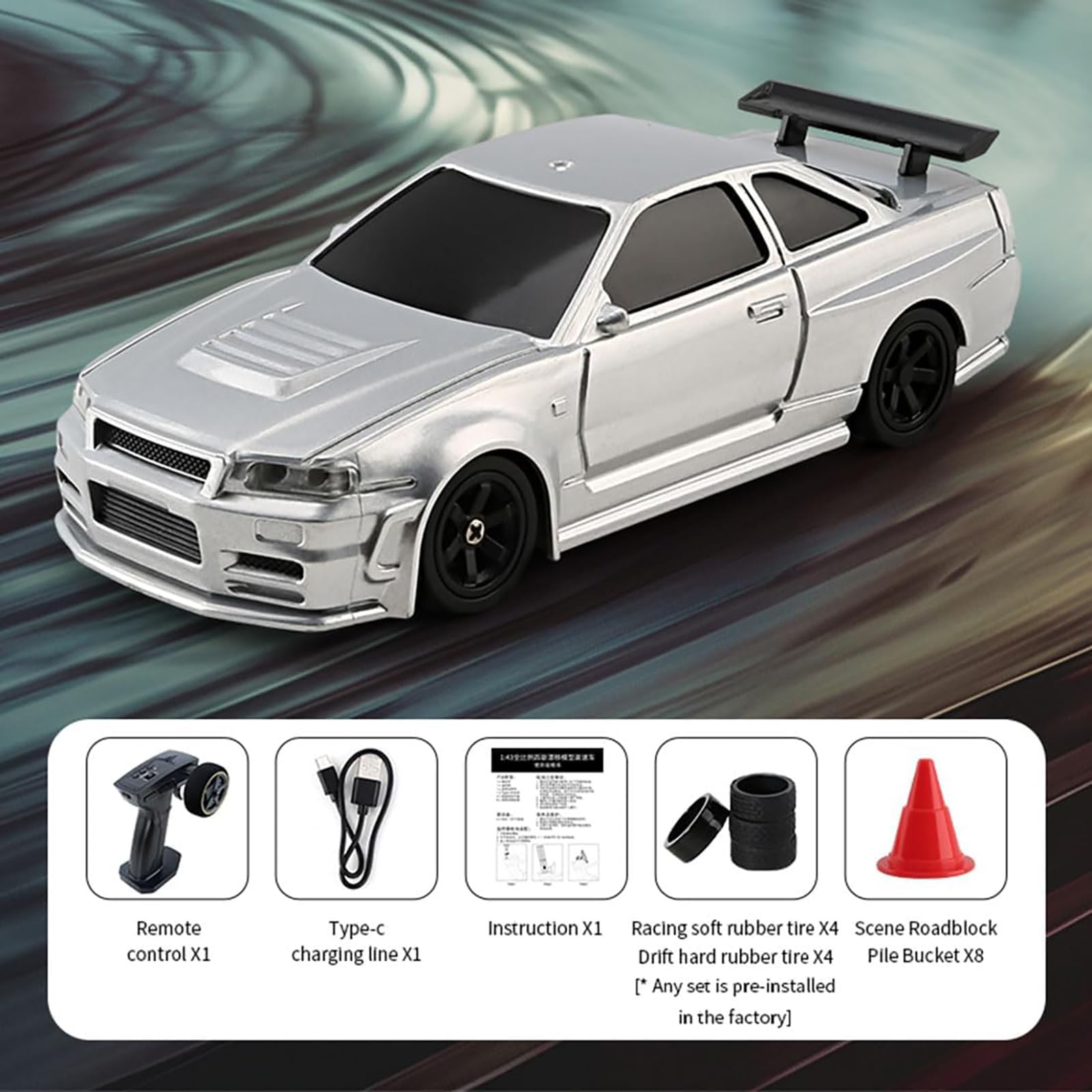 1/43 Mini RC Drift Car Gyro, 2.4G 4WD 15KM/H w pełni proporcjonalny model elektrycznego samochodu wyścigowego RC ze światłami LED, zdalnie sterowany pojazd dla dorosłych,Silver