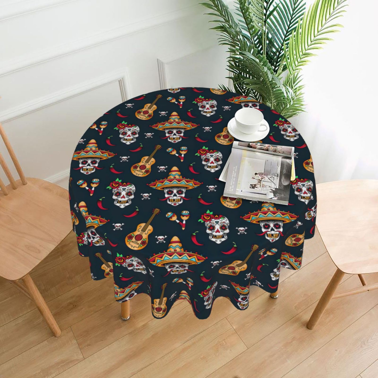 SDEGTHO Mexican Skull Print Modern Retro Round Tablecloth 60in Polyester Fabric Cover for Party Dining Table Washable