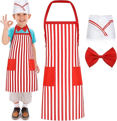 Miniatura 1 de Kit de disfraz de camarero para niños 3 piezas delantal de rayas rojas y blancas para niños delantales ajustables con 2 bolsillos sombrero de chef