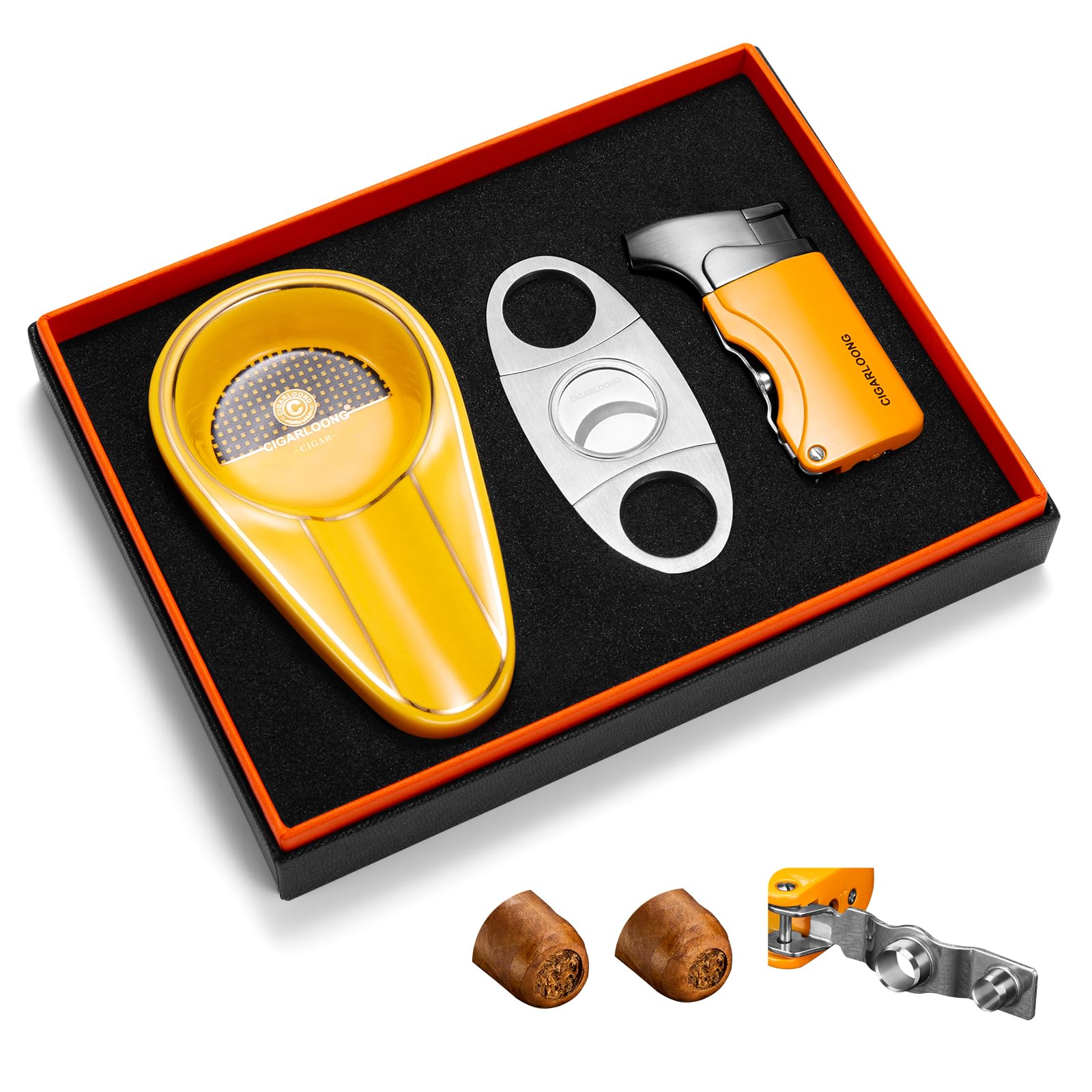 Ensemble de cendriers portables en acier inoxydable et céramique, briquet torche à jet unique, butane rechargeable avec boîte cadeau pour terrasse, extérieur, intérieur (jaune)