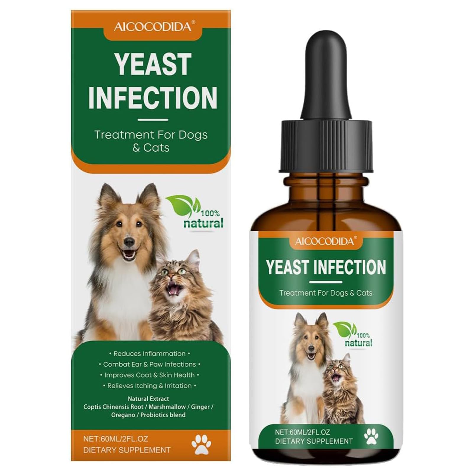 Aicocodida Yeast Infection Treatment for Dogs & Cats, Naturally Supports Itchy Skin & Ear Infections Treatment, Relieves Itching & Irritation, Reduces Ears & Paws Inflammation (1pcs)