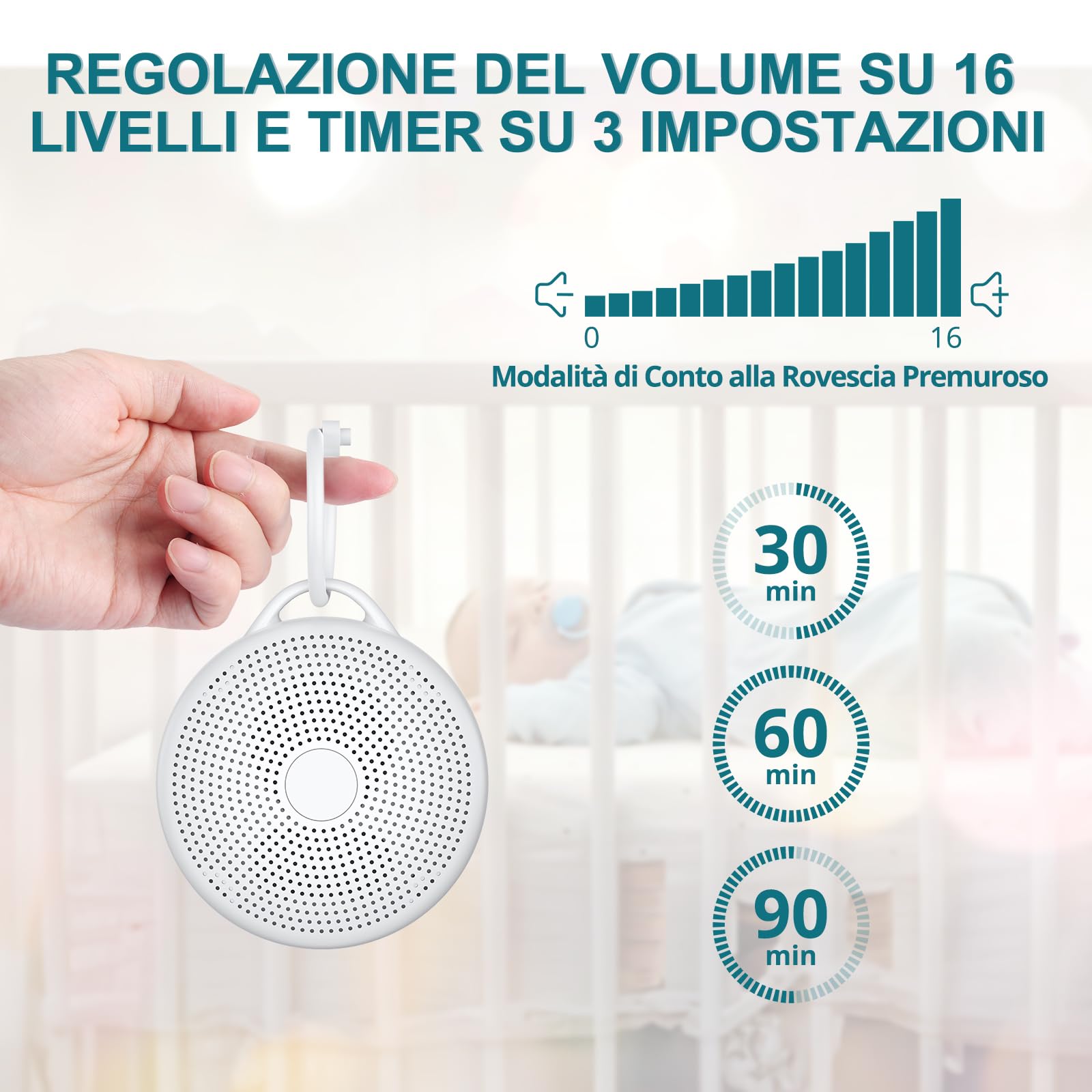 Macchina Rumore Bianco Portatile 24 Suoni Rilassanti 3 Impostazioni del Timer con Luce Notturna Regalo per Bambini/Asili Nido/Dormire/Yoga Meditazione-con Anello da Appendere