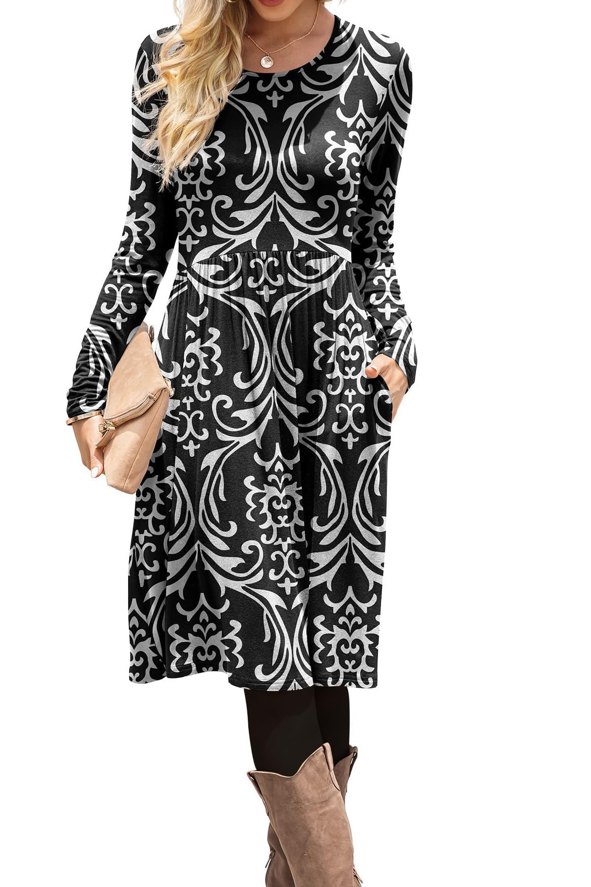 DB MOON Women Casual Long Sleeve Dresses Empire Waist Knee Length Loose Dress with Pockets