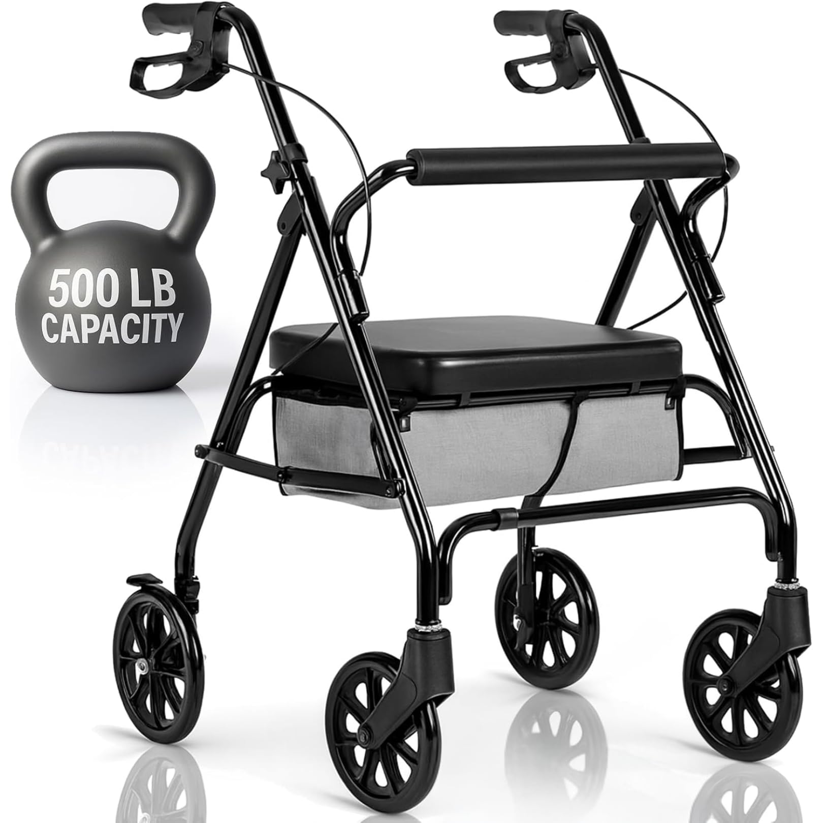 Vive Bariatric Rollator Walker for Seniors - 500 lbs Capacity - Rolling Walker with Seat Lightweight Easy Folding - Mobility Aids & Equipment - Adult Heavy Duty 4 Wheel Rollator with Brakes (Black)