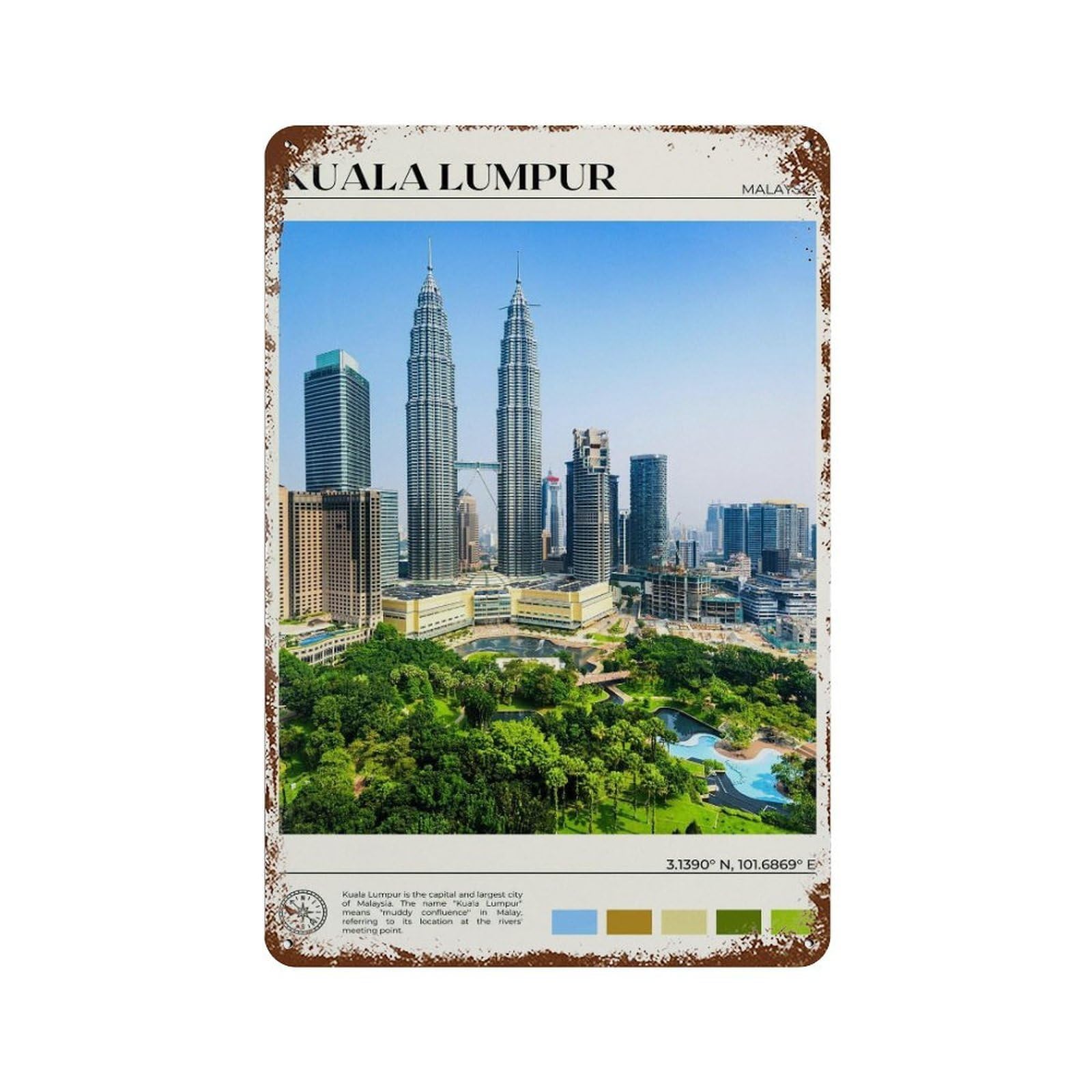 xiaoxiaoshen Real Photo Kuala Lumpur Decor Malaysia Wall Decor Art Metal Tin Poster Modern Home Decor Art Home Bar Shop Decorations Vintage Sign 30x20cm