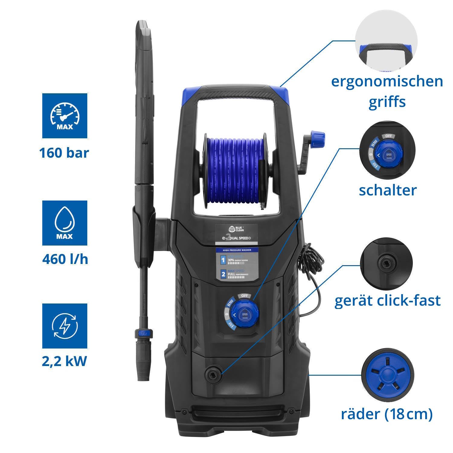 AR Blue Clean Hochdruckreiniger e-2DUALSPEED D mit Dual Speed System, Rohrreinigersonde und Patio Cleaner (2200 W, 160 bar, 460 l/h)