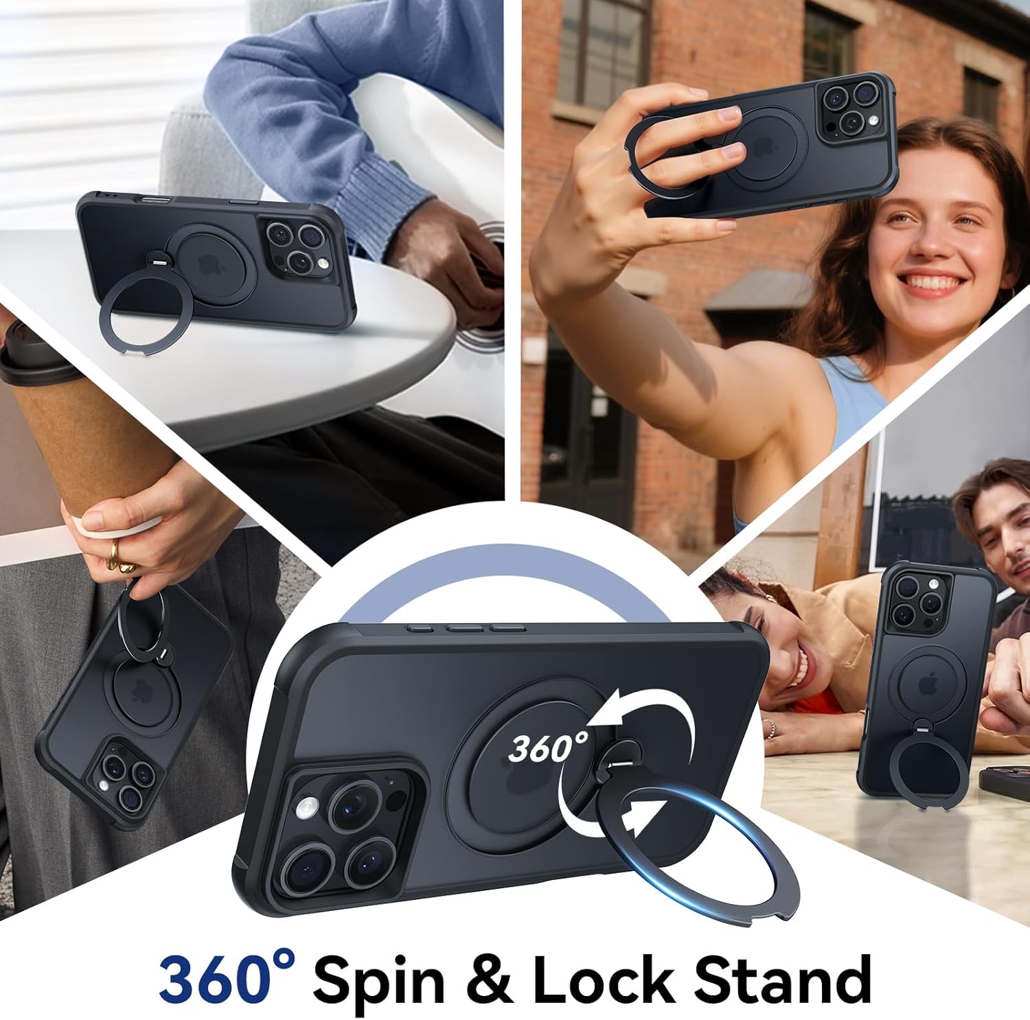 360 spin magnetic stand (pro-version) for iphone 16 pro case (compatible with magsafe) [military drop protection] matte translucent shockproof protective phone case 6.3'', black for 16 pro case 6.3'' a- pink