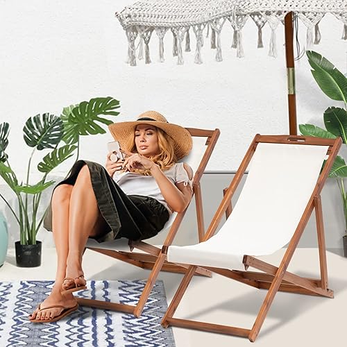 Juego de 2 sillas de playa de madera, sillas de playa duraderas, reclinables para exteriores, con marco de madera maciza y lona de poliéster, ajuste