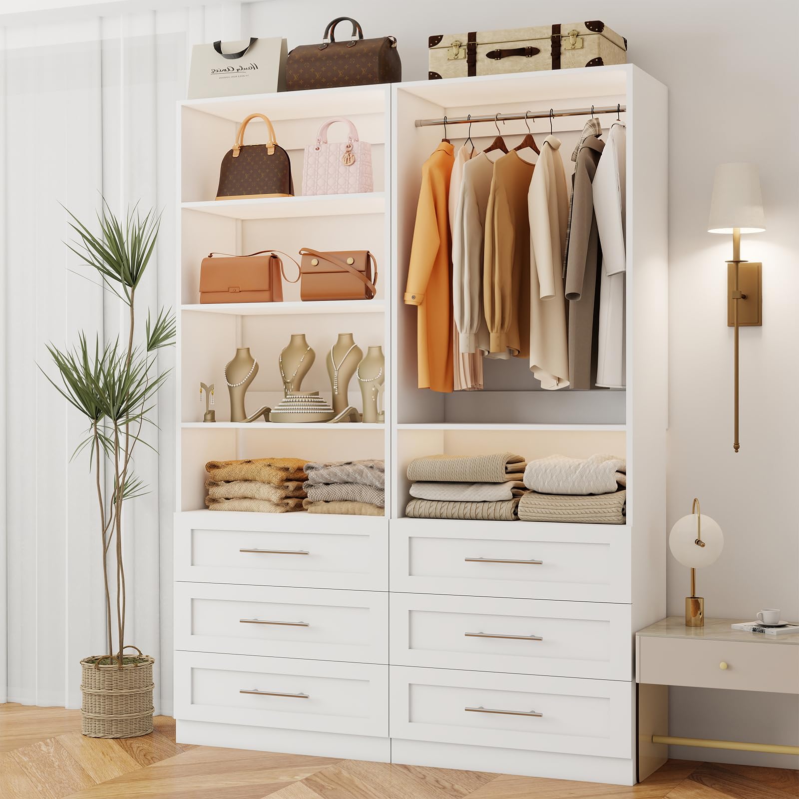 Closet System with 6 Drawers, Wood Closet Organizer System, Walk-in Closet or Small Closet System with Shelves, Modular Closet Systems with 3 Expandable Hanging Rods, 2 Sets, White (4FT)