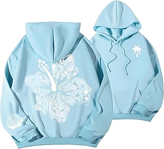 Novbvia Teen Girls’ & Women’s Preppy Y2K Fashion Light Blue Small Hibiscus,Puff Sleeve Cute Graphic Hoodie(S)