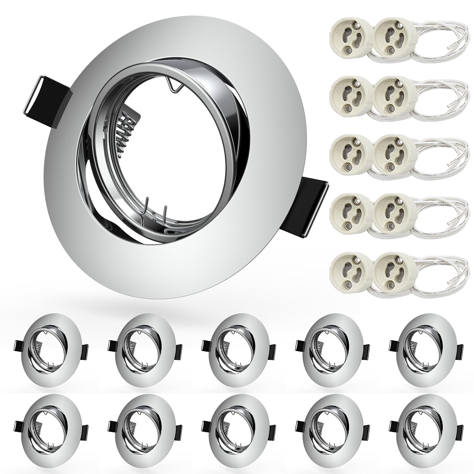 10X GU10 Downlights for Ceiling Round Polished Chrome Metal Mounting Frame for Recessed Ceiling Lights 360° Tilt Swivel Spotlight Fittings 240V, Outer Diameter: 90mm, Cutout: 68-85mm, No Bulbs