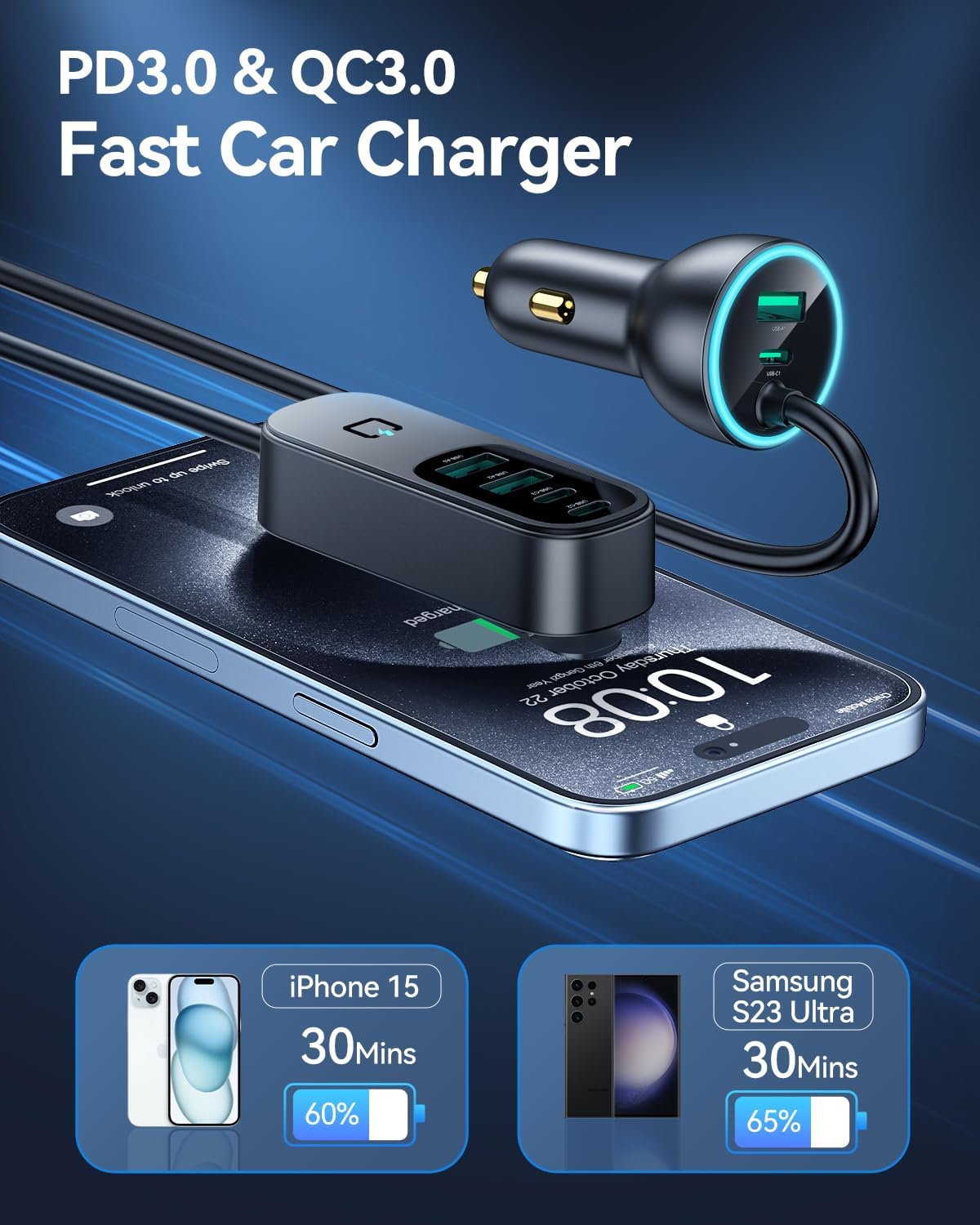 Rocoren 105W 6-Port Multiport Car Charger, PD Fast USB C Car Charger for Multiple Devices,Cigarette Lighter Adapter Car Travel Essentials for Road Trips with 5FT Cable,Car Accessories for iPhone 17/16 - Image 4