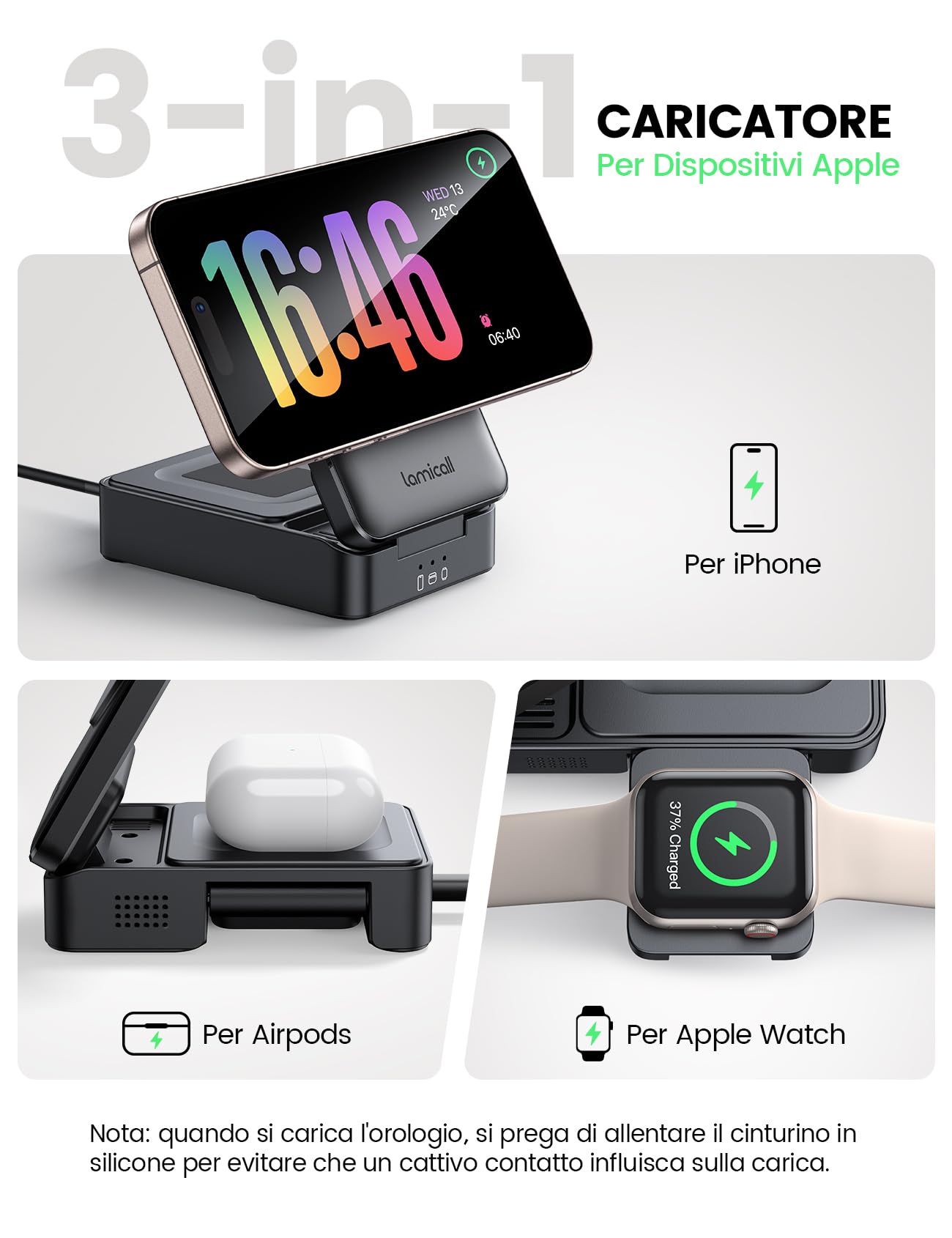 Lamicall 3-IN-1 Caricatore Wireless per MagSafe - [Pieghevole] Stazione Ricarica da Viaggio, Base Ricarica con Supporto per iPhone 17/16/15/14/13/12, per AirPods 2/3/Pro, Compatibile con Apple Watch